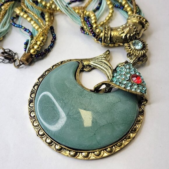 Statement Choker Pendant Necklace Fashion Gemstone Blue Fish Pendant - Picture 4 of 16